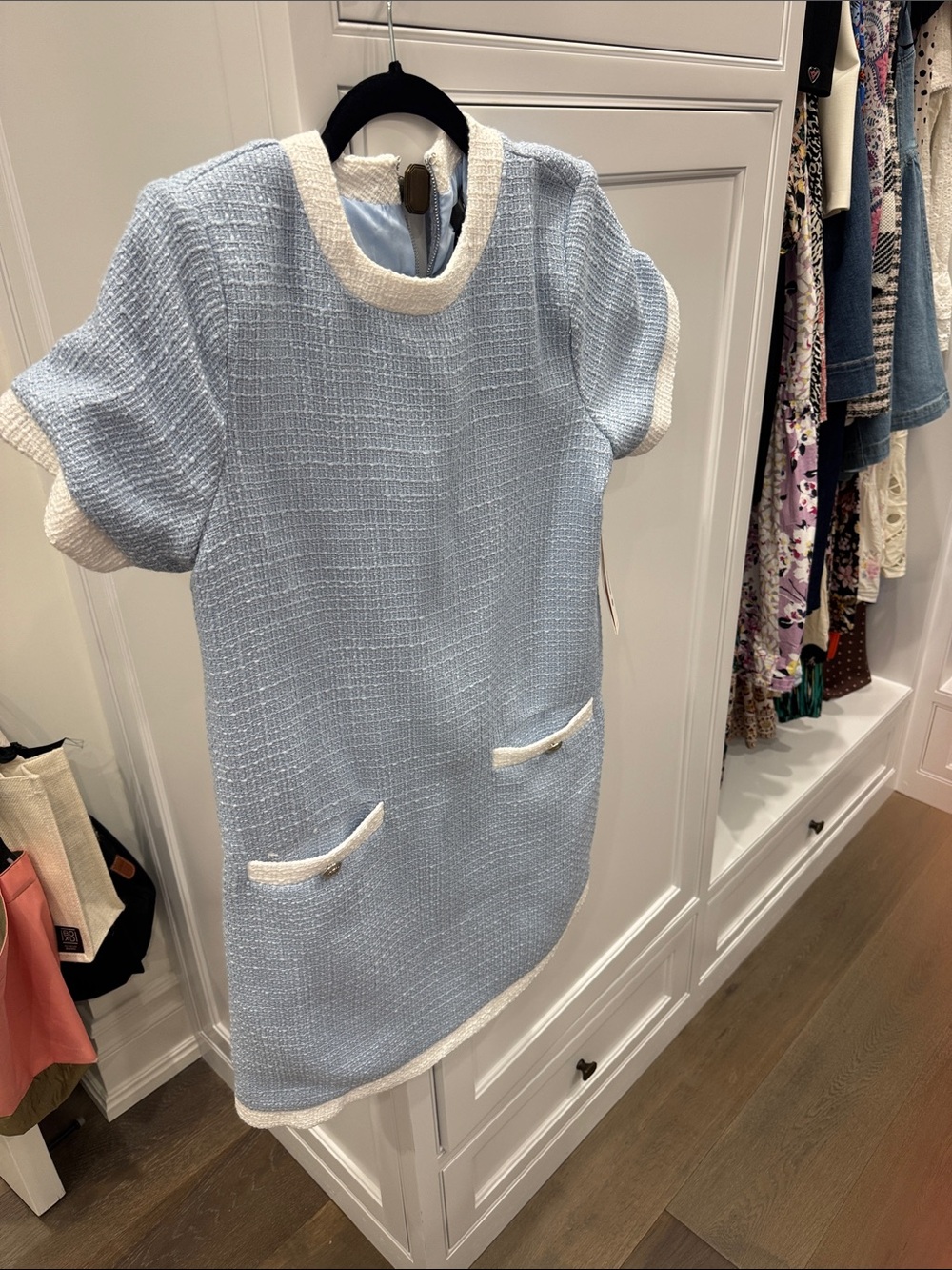 Aqua Light Blue Tweed Dress with Ivory Trim - Picture 5 of 7